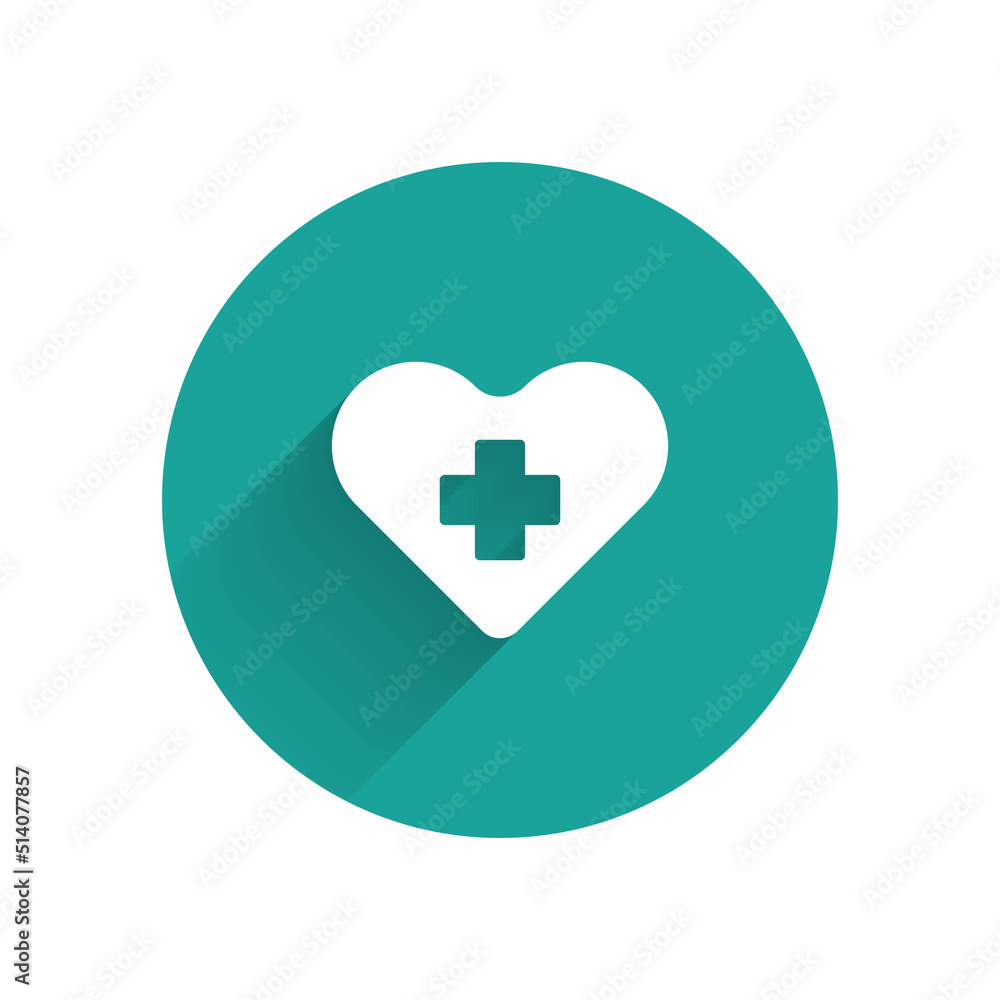 White Heart with a cross icon isolated with long shadow. First aid. Healthcare, medical and pharmacy sign. Green circle button. Vector Illustration White Heart with a cross icon isolated with long shadow. First aid. Healthcare, medical and pharmacy sign. Green circle button. Vector Illustration