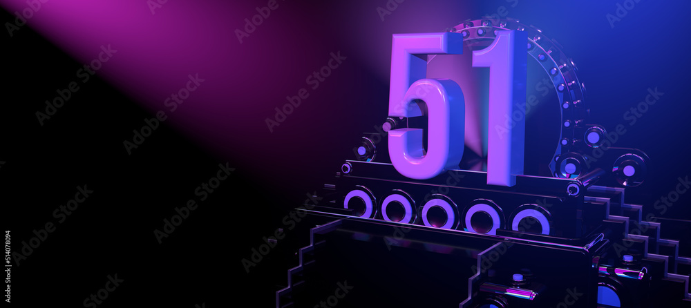 Solid number 51 on a reflective black stage illuminated with blue and red lights against a black background. 3D Illustration