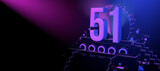 Solid number 51 on a reflective black stage illuminated with blue and red lights against a black background. 3D Illustration