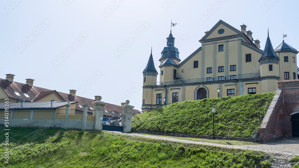 Public place of Nesvizh Castle, Belarus. Medieval castle and palace. Restored medieval fortress. Heritage concepts.