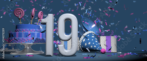 Solid white number 19 in the foreground, birthday cake decorated with candies, gifts and party hat with confetti ejecting bugles, against dark blue background. 3D Illustration