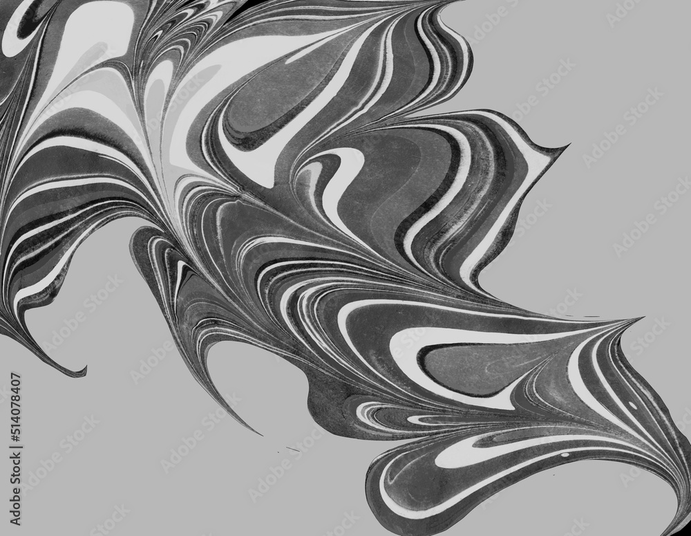 Fototapeta premium Ebru Pouring Spotted Abstract Wavy Shape in Monochrome Tones. Perfect for Business Card, Postcard, Poster, Advertising, Holiday Invitations. Contemporary Liquid Art. 