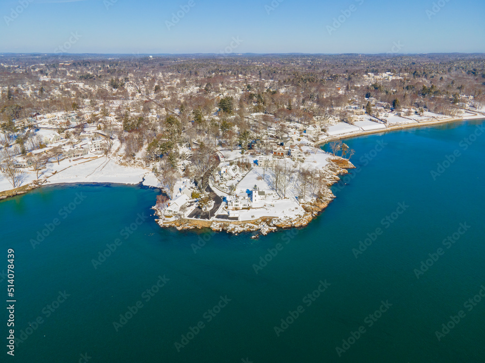Hospital Point Lighthouse aerial view in winter in Hospital Point in city of Beverly, Massachusetts MA, USA. 