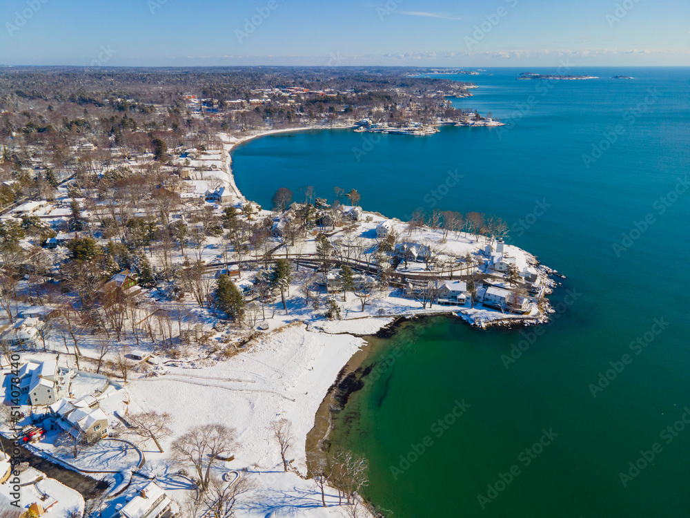 Beverly Cove and Hospital Point Lighthouse at Hospital Point aerial view in winter in city of Beverly, Massachusetts MA, USA. 