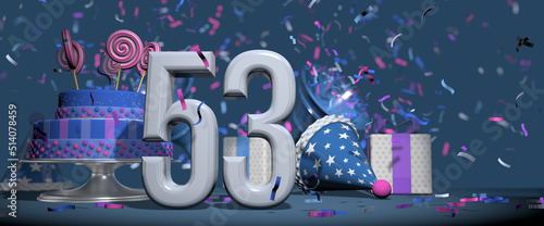 Solid white number 53 in the foreground  birthday cake decorated with candies  gifts and party hat with confetti ejecting bugles  against dark blue background. 3D Illustration