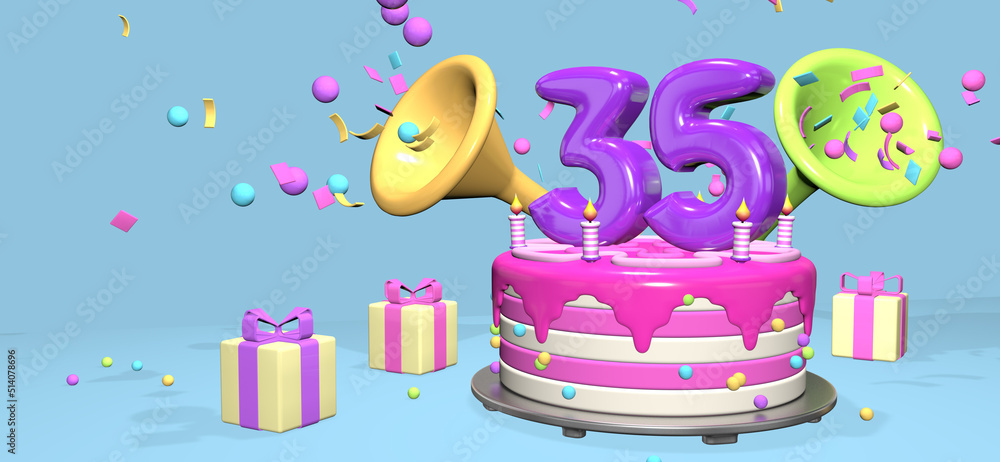 Fototapeta premium Pink birthday cake with thick purple number 35 surrounded by gift boxes with horns ejecting confetti on pastel blue background. 3D Illustration