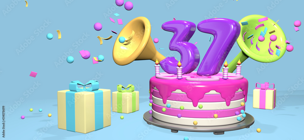 Pink birthday cake with thick purple number 37 surrounded by gift boxes with horns ejecting confetti on pastel blue background. 3D Illustration