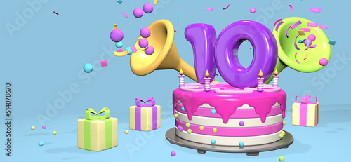 Pink birthday cake with thick purple number 10 surrounded by gift boxes with horns ejecting confetti on pastel blue background. 3D Illustration