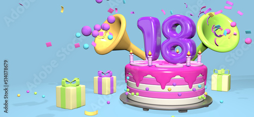 Pink birthday cake with thick purple number  18 surrounded by gift boxes with horns ejecting confetti on pastel blue background. 3D Illustration