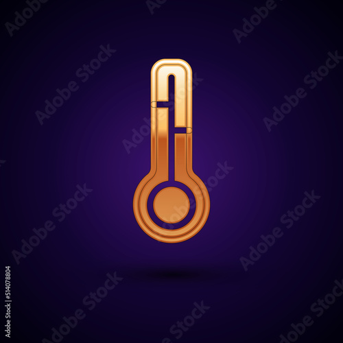 Gold Meteorology thermometer measuring icon isolated on black background. Thermometer equipment showing hot or cold weather. Vector