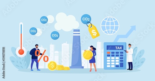 Taxation for Nature Pollution. Carbon Tax and CO2 Emissions Environmental Price Charge. Government Payment for Burning Fossil Fuels and Make Dioxide Air Pollution. GHG Fee to Reduce Greenhouse Gases
