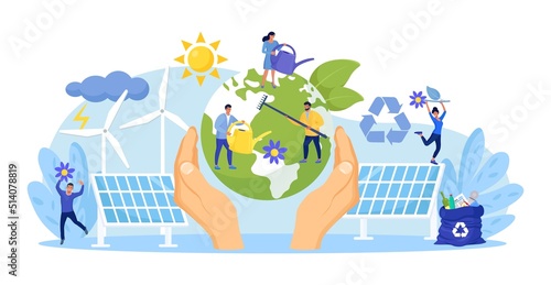 People Trying to Save Planet Earth from Climate Change. Person Planting and Watering Trees. Global Warming. Characters Collecting Plastic Trash into Recycling Garbage Bin, Use Alternative Energy