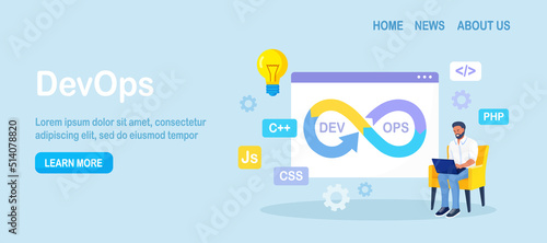 DevOps concept. Programmers practice of development and software operations. Developer working on operations process, technical support, programming code. Programmer using devOps method