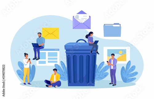 Delete file. Cleaning digital memory. User removing folder with document to waste bin. People deleting data, move unnecessary files to trash bin. Person cleaning mailbox from spam with mobile app