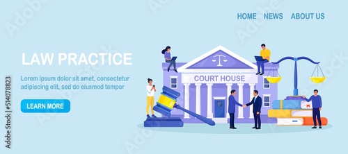 Law and justice concept. Justice scales, supreme court building and judge gavel. Crime courthouse advocate, lawyer consulting to client. Legal advice online, remote