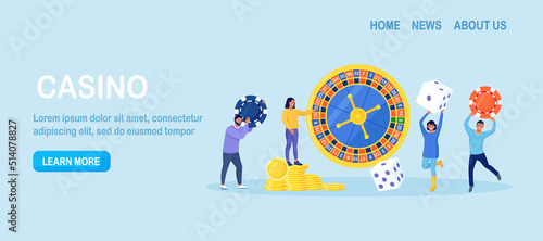Casino and Gambling Concept. People Playing in Games of Fortune. Happy Man and Woman Winning Money in Casino Roulette. Characters Jumping with Poker Chips and Dice