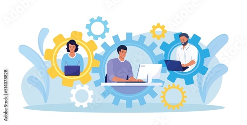 Global outsourcing, freelance. Teamwork and project delegation. Employee work from home remotely. People with different skills connecting together online and working on the same project, remote work