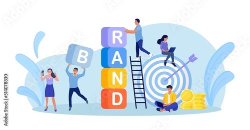 Brand Building. Businessmen Create Corporate Identity, Brand Communication. Business People Work Together and Build Tower of Colored Cubes. Marketing Promotional Campaign. Reputation management