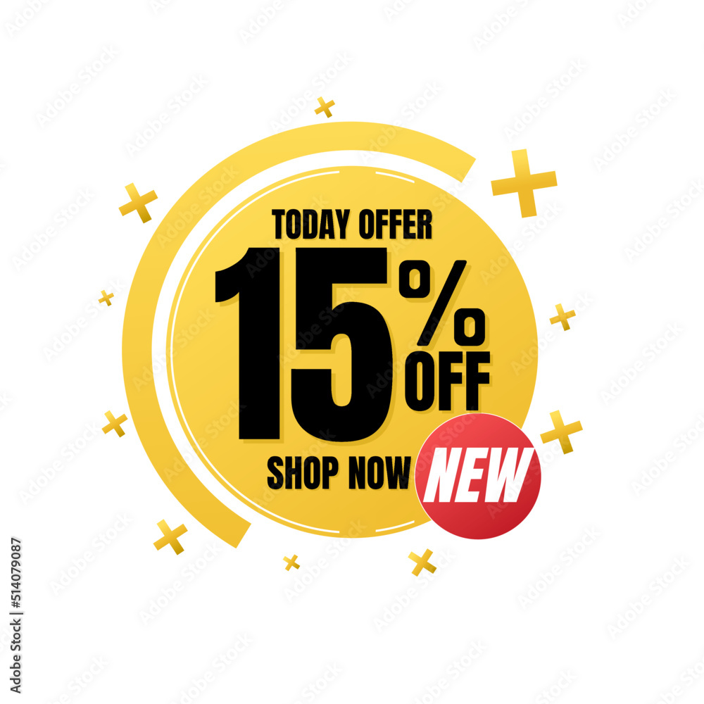 15% percent off, shop, now, Today offer, 3D yellow design of a bubble, with various background details, Vector illustration, Fifteen 
