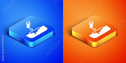 Isometric Petri dish with pipette icon isolated on blue and orange background. Square button. Vector