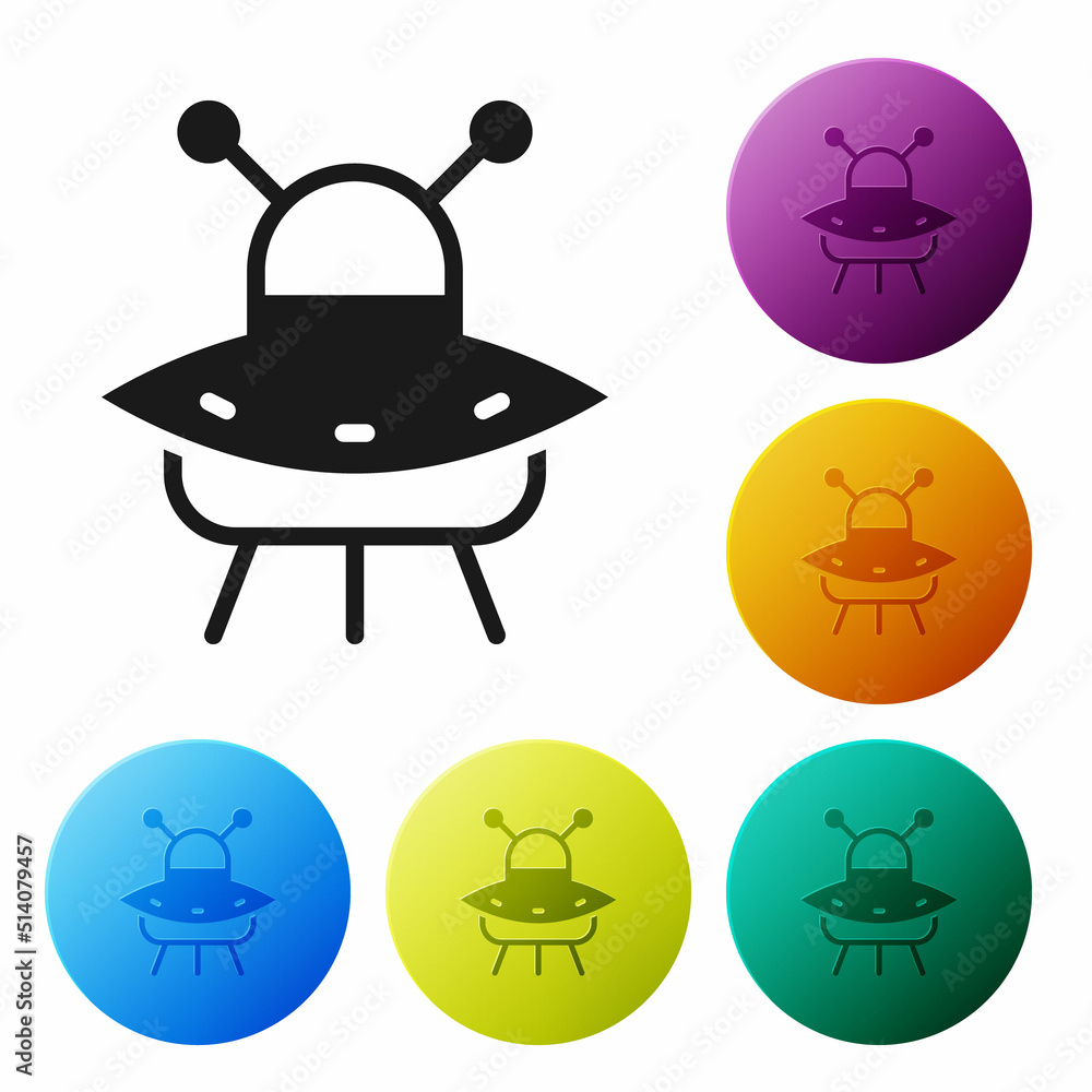 Black UFO flying spaceship icon isolated on white background. Flying saucer. Alien space ship. Futuristic unknown flying object. Set icons in color circle buttons. Vector Black UFO flying spaceship icon isolated on white background. Flying saucer. Alien space ship. Futuristic unknown flying object. Set icons in color circle buttons. Vector