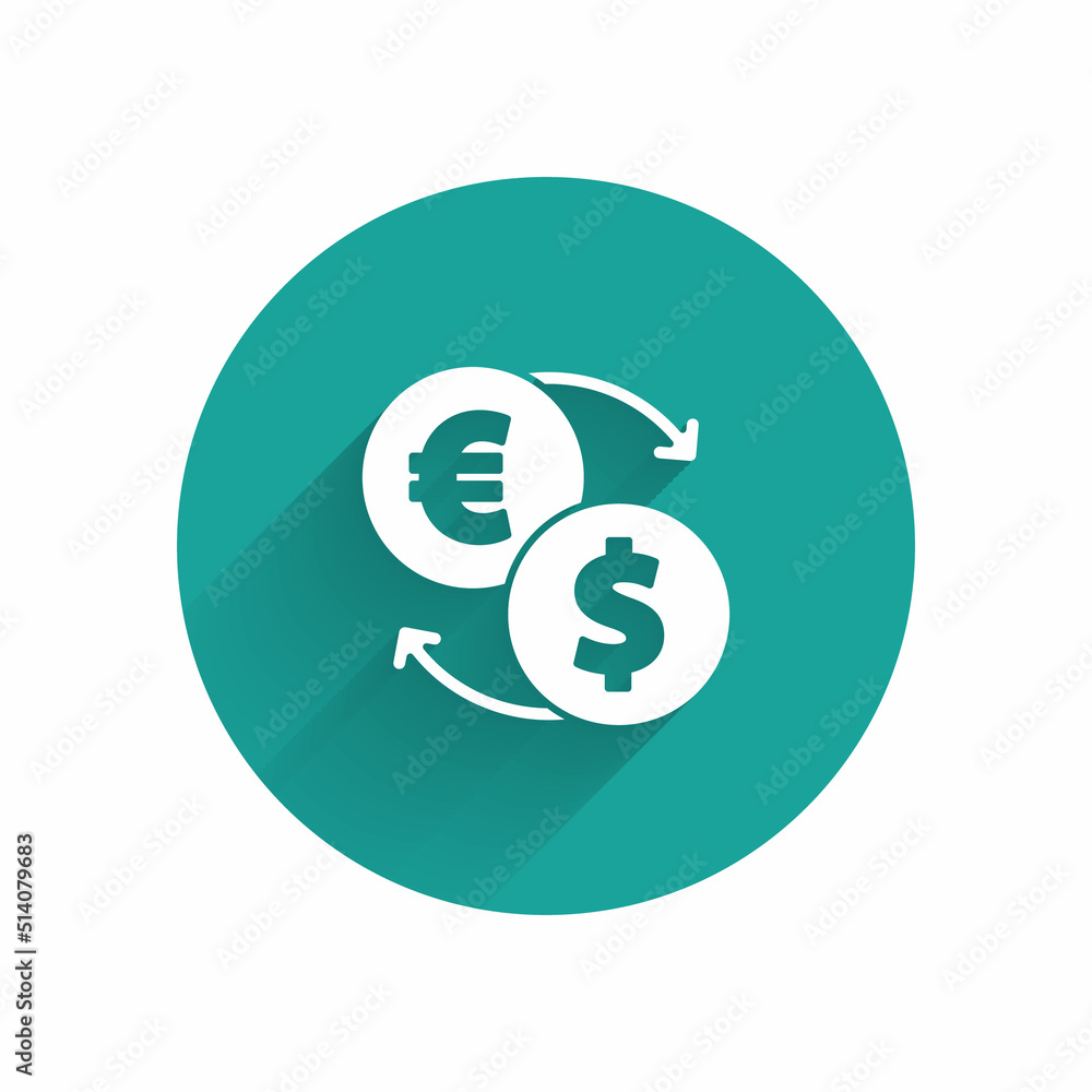 White Money exchange icon isolated with long shadow. Euro and Dollar cash transfer symbol. Banking currency sign. Green circle button. Vector White Money exchange icon isolated with long shadow. Euro and Dollar cash transfer symbol. Banking currency sign. Green circle button. Vector