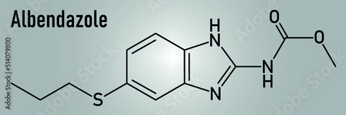 Skeletal formula of Albendazole anthelmintic drug molecule. Used in treatment of parasitic worm infestations. photo