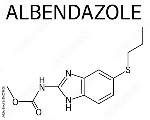 Skeletal formula of Albendazole anthelmintic drug molecule. Used in treatment of parasitic worm infestations.
