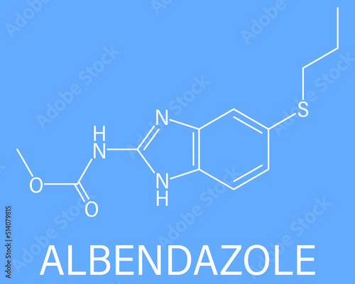 Skeletal formula of Albendazole anthelmintic drug molecule. Used in treatment of parasitic worm infestations.