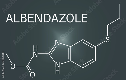 Skeletal formula of Albendazole anthelmintic drug molecule. Used in treatment of parasitic worm infestations.