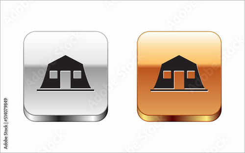 Black Military barracks station icon isolated on white background. Airstrikes architecture army. Silver-gold square button. Vector