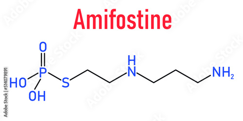 Skeletal formula of amifostine cancer drug molecule. Adjuvant drug that protects against cancer chemotherapy side effects.