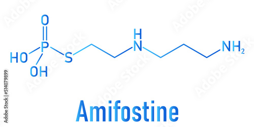 Skeletal formula of amifostine cancer drug molecule. Adjuvant drug that protects against cancer chemotherapy side effects.