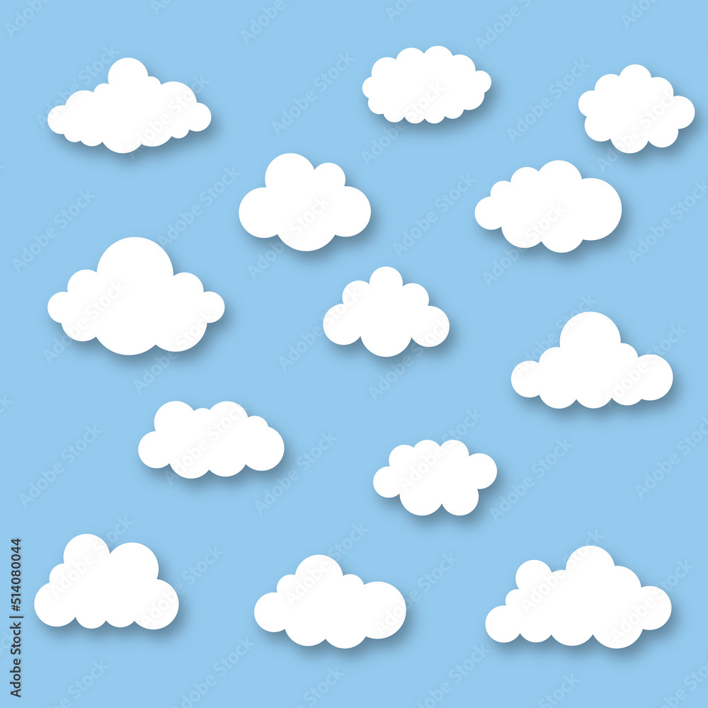 Cartoon Cloud Set isolated on blue sky panorama vector collection. Cloudscape in blue sky, white cloud illustration eps10