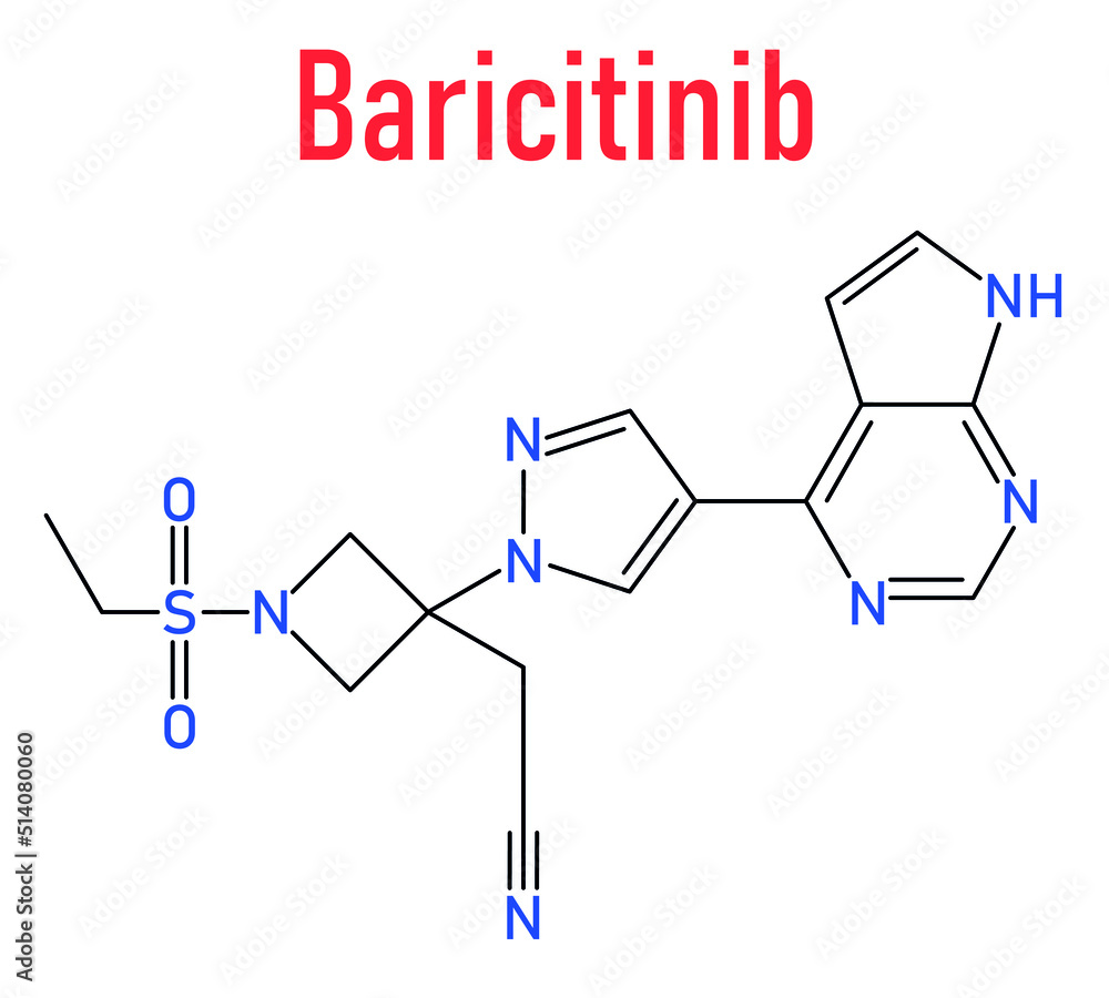 Skeletal formula of Baricitinib inhibitor drug molecule. Under development for treatment of rheumatoid arthritis, psoriasis, etc. - obrazy, fototapety, plakaty 