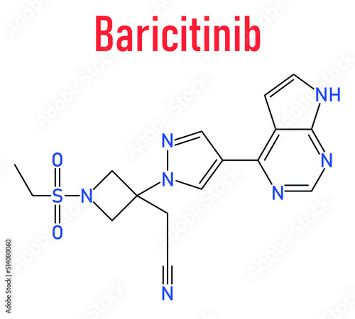 Skeletal formula of Baricitinib inhibitor drug molecule. Under development for treatment of rheumatoid arthritis, psoriasis, etc.