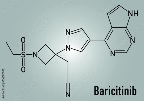 Skeletal formula of Baricitinib inhibitor drug molecule. Under development for treatment of rheumatoid arthritis, psoriasis, etc. photo