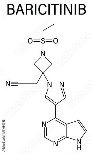 Skeletal formula of Baricitinib inhibitor drug molecule. Under development for treatment of rheumatoid arthritis, psoriasis, etc.