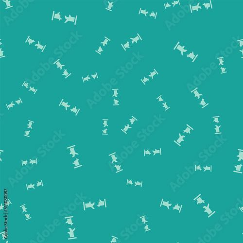 Green Broken metal pipe with leaking water icon isolated seamless pattern on green background. Vector