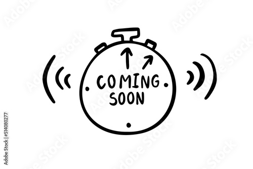 Handwritten phrase Coming Soon. Outline doodle simple sketch drawing style. 