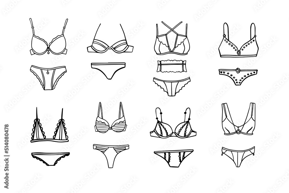 women underwear Collection of fashionable. Doodle outline hand drawn style. bra and panties - obrazy, fototapety, plakaty 