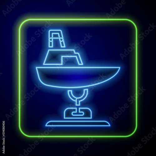 Glowing neon Swing boat on the playground icon isolated on blue background. Childrens carousel with boat. Amusement icon. Vector