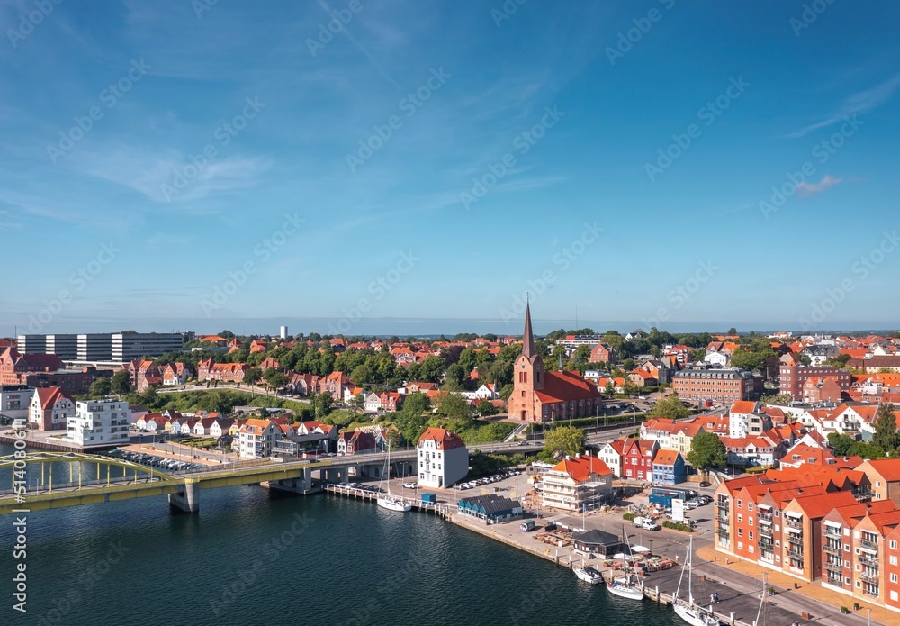Cityscape of Sonderborg (Sønderborg, Denmark) on sunny summer day. Panoramic aerial view on the city center and castle