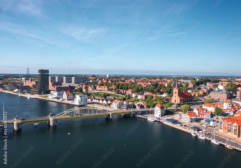 Cityscape of Sonderborg (Sønderborg, Denmark) on sunny summer day. Panoramic aerial view on the city