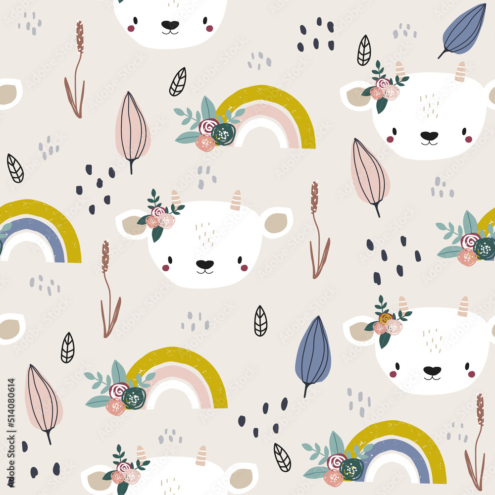 Seamless pattern with white little goat and floral elements. Cute kids print. Vector hand drawn illustration.