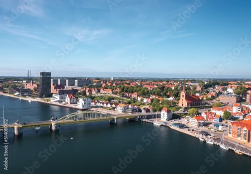 Cityscape of Sonderborg (Sønderborg, Denmark) on sunny summer day. Panoramic aerial view on the city