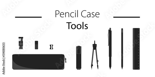 Pencil case icon. Web stationery symbol. Simple stationery tools icons. Set of icons consisting of a case, ruler, pencil, pen, marker, graphite, grater, sharpener, and compass.