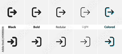 Exit and sign in an icon. Log in and log out vector symbol. Simple account icons. Black, bold, regular, thin, output, and input icon set.