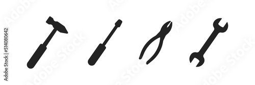 Work tools icon. Wrench vector symbol. Simple icons of the hammer, screwdriver, pliers, and wrench. Construction tools icons set.