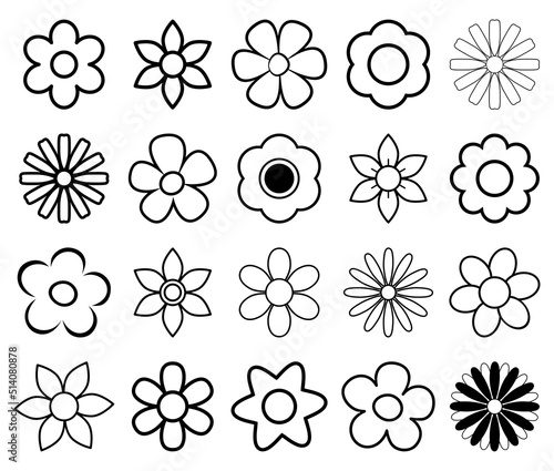 Flower icon set. Bloom collection. Blossom outline vector illustration isolated on white background.
